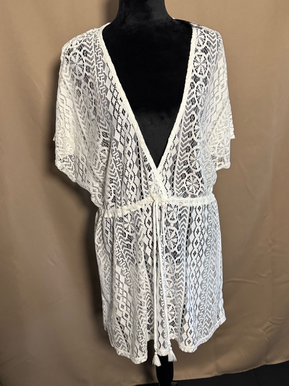 NWT Apt. 9 White Lace V-Neck Swim Cover-Up with Drawstring